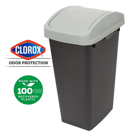 GLAD Kitchen Trash Can, 12 Gallon Plastic Garbage Bin with Swing Top Lid and Recycle Sticker, Grey