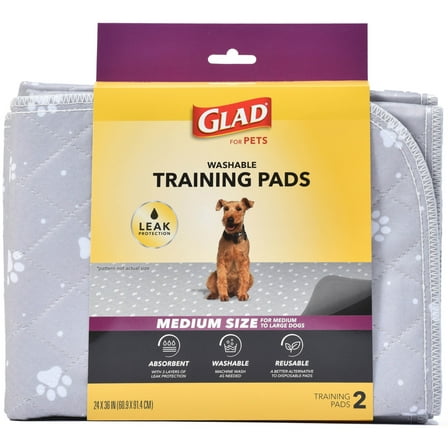 GLAD for Pets Washable Training Pads Medium Size 24”x36” 2 Pack Gray 3 Layers Protection and No Slip Grip Vinyl Bottom