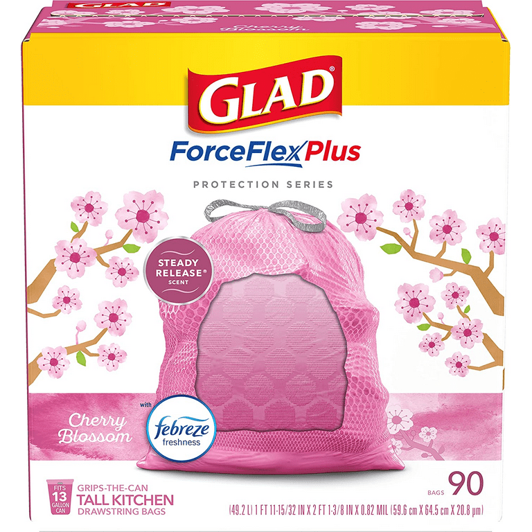 Glad ForceFlex MaxStrength Tall Kitchen Drawstring Trash Bags, 13 Gallon,  Cherry Blossom with Febreze Freshness, 90 Count