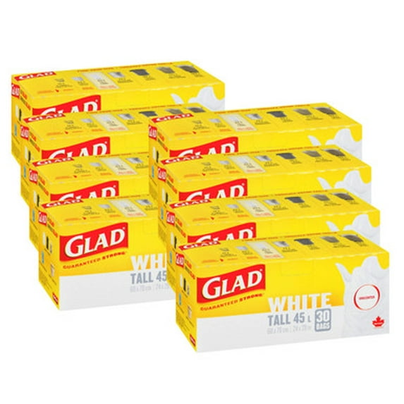GLAD White Garbage Bags Unscented - 45 Litres, 30 Tall Bags (8/Case)