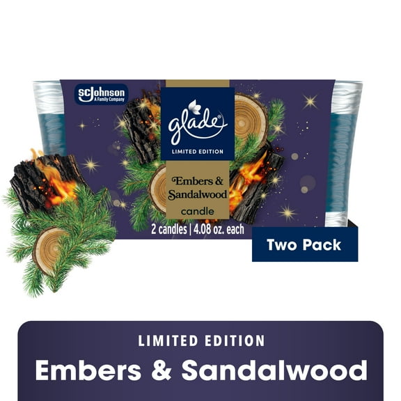 Glade® Candle Jar, Christmas Holiday Embers & Sandalwood, 4.08oz., 2 Count