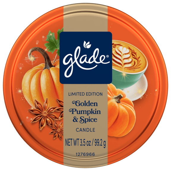 GLADE TIN CANDLE- GOLDEN PUMPKIN & SPICE 3.5OZ