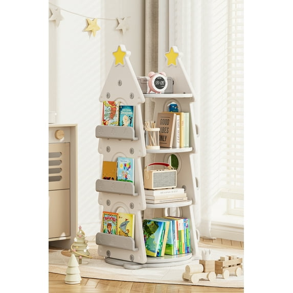 GLAF 4 Tier Rotating Bookshelf Tower for Kids & Adults, Christmas Tree Design Spinning Bookshelf Tower, 360°Revolving Bookcase Floor Standing for Library, Bedroom, Living Room, Office