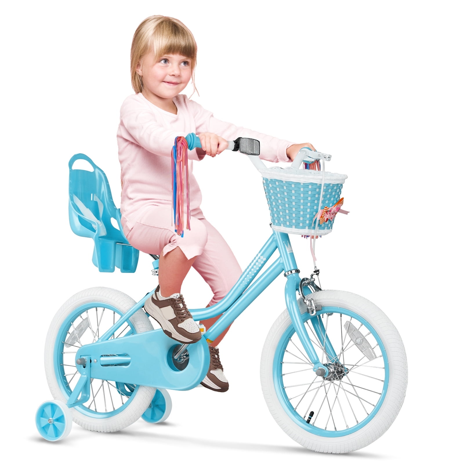 GLAF Kids Bicycle, Girls' Bike with Tassels, Basket & Training Wheels - Perfect for Ages 2-9 in Blue, 16in
