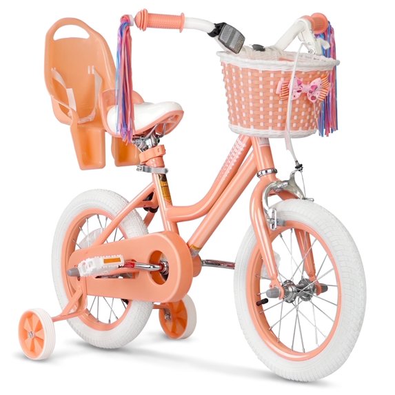 GLAF 14 in Kids Bicycle, Girls' Bike with Training Wheels, Streamers & Basket - Perfect for Ages 2-9, Orange