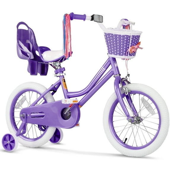 GLAF 16 in Kids Bicycle, Girls' Bike with Training Wheels, Streamers & Basket - Perfect for Ages 2-9, Purple