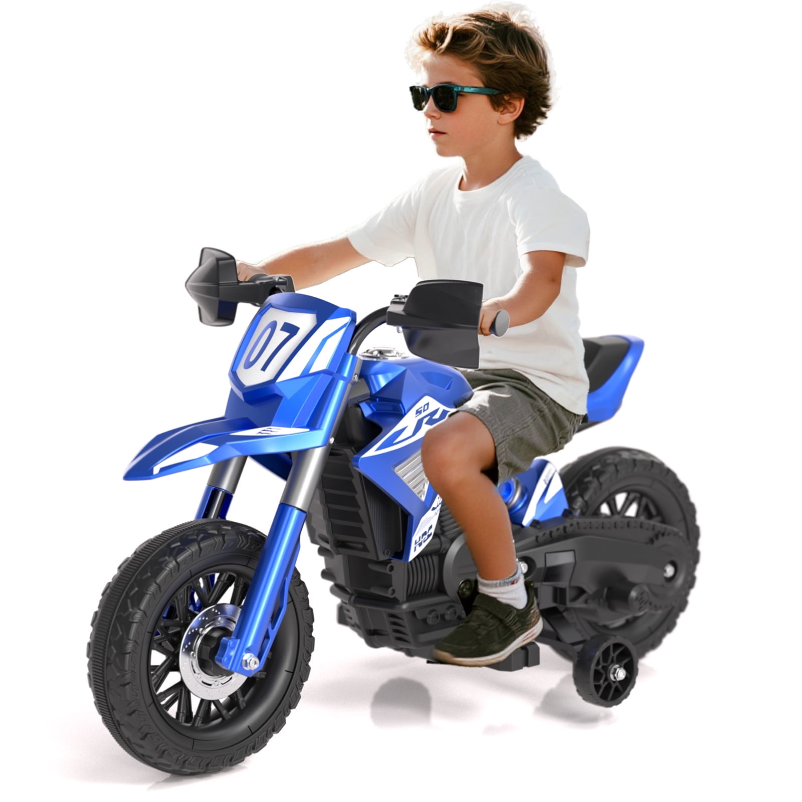 GLAF Kids Motorcycle, 12V Electric Toddler Motorcycle Ride On Toy w/Training Wheels, Spring Suspension, Battery Powered motorbike for Boys Girls, Blue