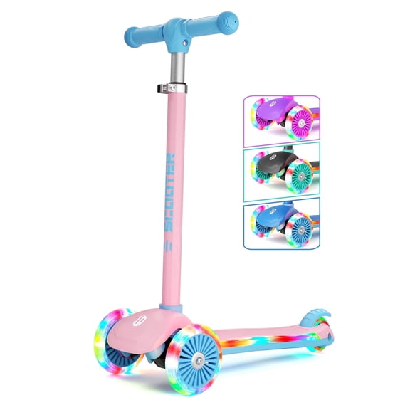 GLAF Kids Scooter for Age 3-8, Toddler Scooter with 4 Adjustable Height & LED Strips for Boys & Girls, Light Up 3-Wheels Foldable Kick Scooter, Lean to Steer, Pink