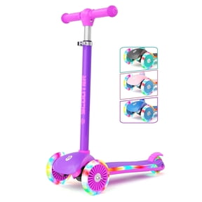 GLAF Kids Scooter for Age 3-8, Toddler Scooter with 3 Adjustable Height & LED Strips for Boys & Girls, Light Up 3-Wheels Foldable Kick Scooter, Lean to Steer, Purple