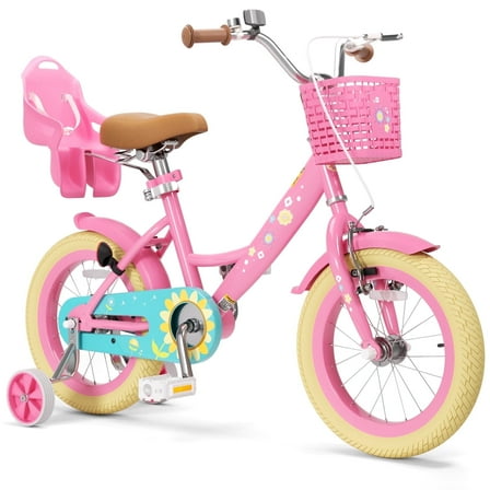 GLAF Flower Girls Bike for 3-9 Years Old Kids, 12 14 16 Inch Kids Bike with Training Wheels, Basket and Doll Seat, Children Bicycles with Coaster Brake, Pink