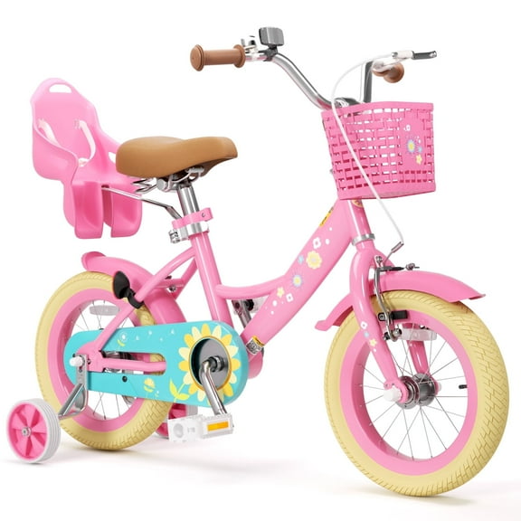 GLAF Flower Girls Bike for 3-9 Years Old Kids, 12 14 16 Inch Kids Bike with Training Wheels, Basket and Doll Seat, Children Bicycles with Coaster Brake, Pink