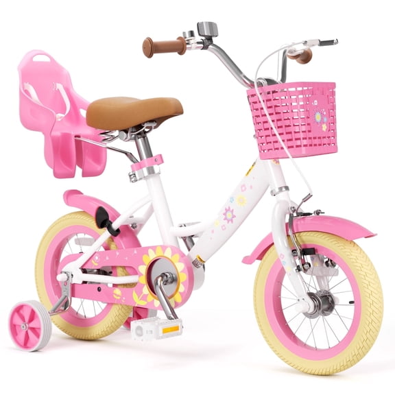 GLAF Flower Girls Bike for 3-9 Years Old Kids, 12 14 16 Inch Kids Bike with Training Wheels, Basket and Doll Seat, Children Bicycles with Coaster Brake, White