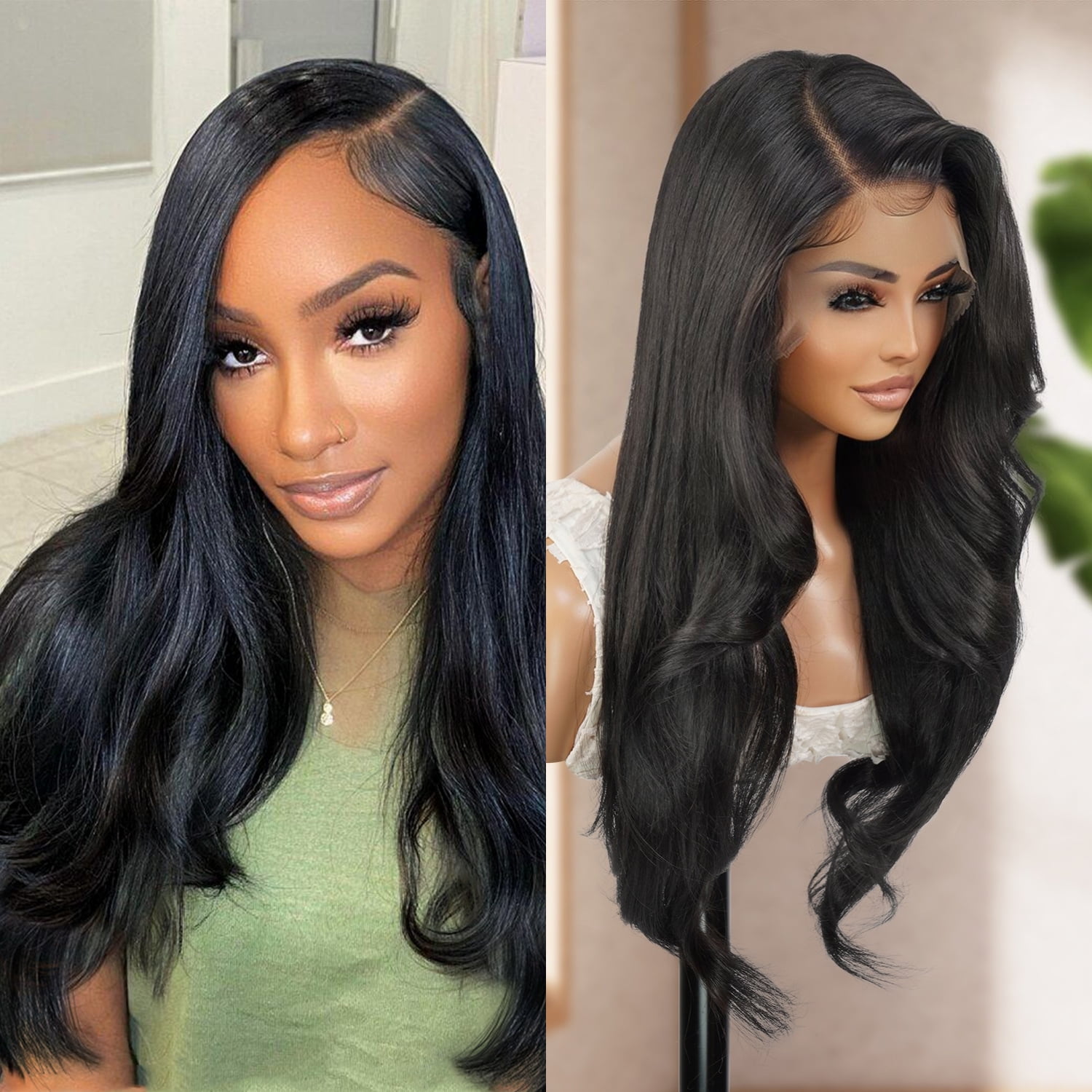 GLAM21USA HD LACE Front Wig 13X6 Deep Transparent Lace Frontal Wigs 28 Inch Human Hair Blend Pre Plucked Swiss Lace Long Heat Friendly Synthetic Wig - Tastee (1B-OFFBLACK)