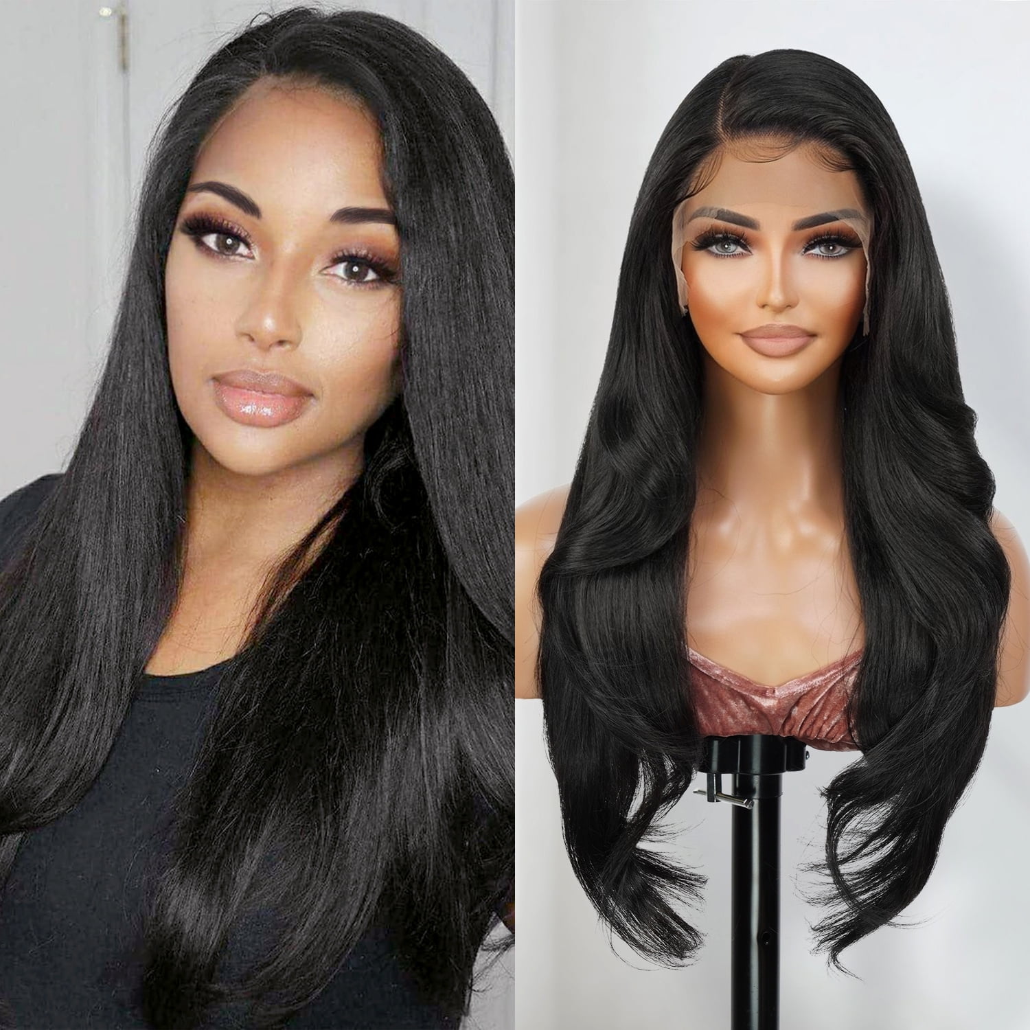 GLAM21USA HD LACE Front Wig 13X6 Deep Transparent Lace Frontal Wigs 28 Inch Human Hair Blend Pre Plucked Swiss Lace Long Heat Friendly Synthetic Wig - Tastee (1-JETBLACK)