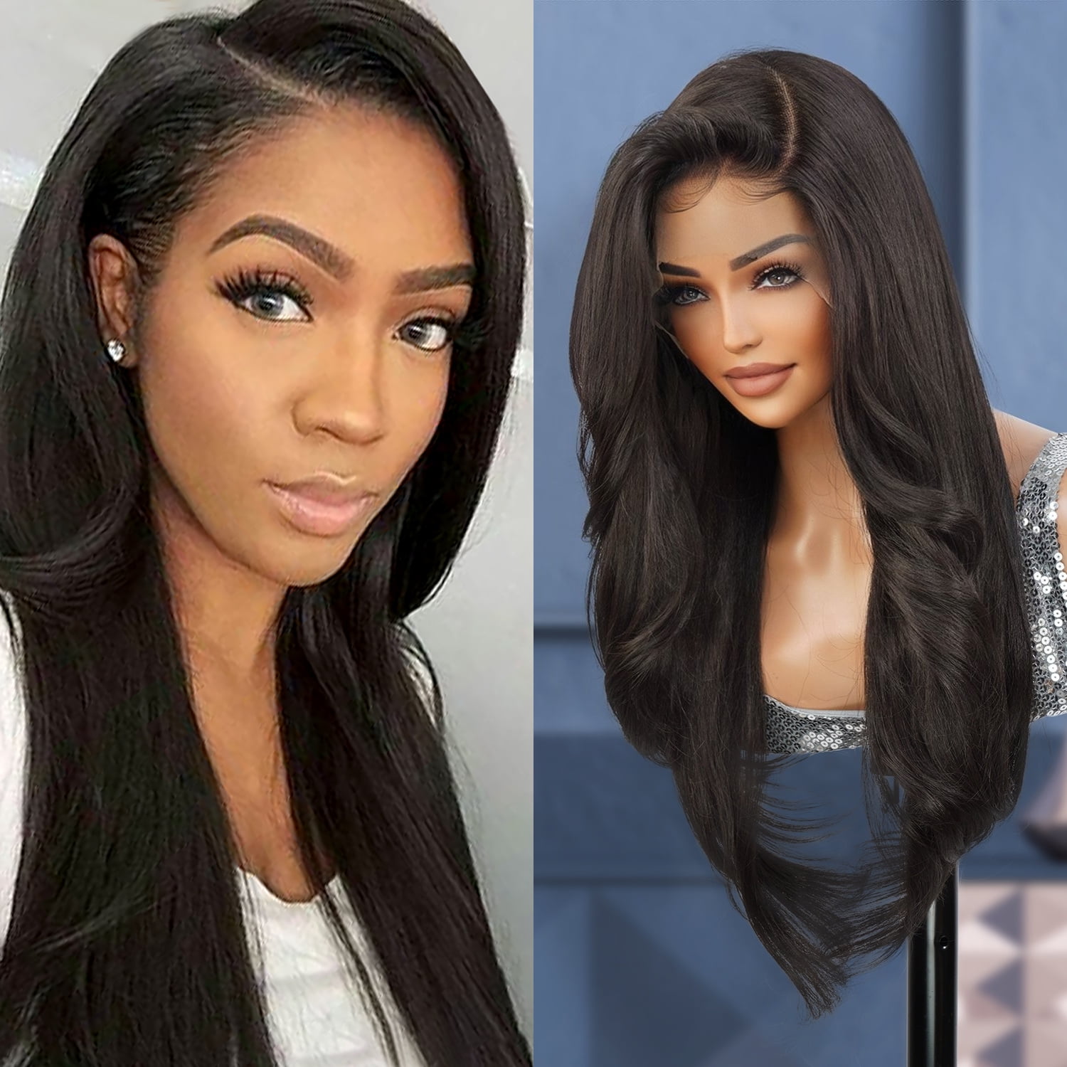GLAM21USA HD LACE Front Wig 13X6 Deep Transparent Lace Frontal Wigs 28 Inch Human Hair Blend Pre Plucked Swiss Lace Long Heat Friendly Synthetic Wig - Tastee (2-DARKBROWN)
