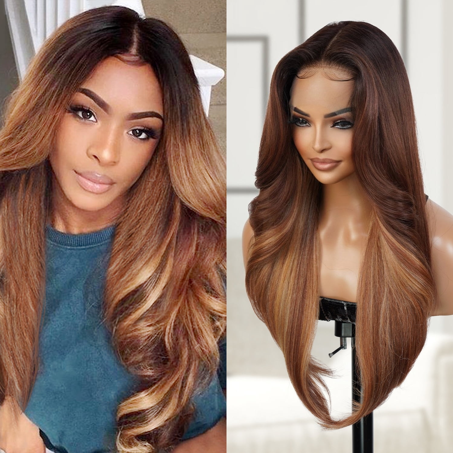GLAM21USA HD LACE Front Wig 13X6 Deep Transparent Lace Frontal Wigs 28 Inch Human Hair Blend Pre Plucked Swiss Lace Long Heat Friendly Synthetic Wig - Tastee (BALAYAGE/CARAMEL)