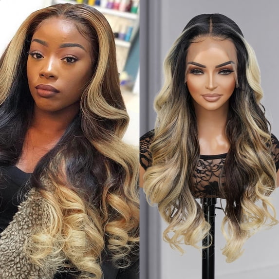 GLAM21USA HD LACE Front Wig Loose Wave 13X6 Transparent Lace Frontal Wigs 27 Inch Human Hair Blend Pre Plucked Swiss Lace Curly Long Synthetic Wig - Bella (MOP1B/BLONDE)
