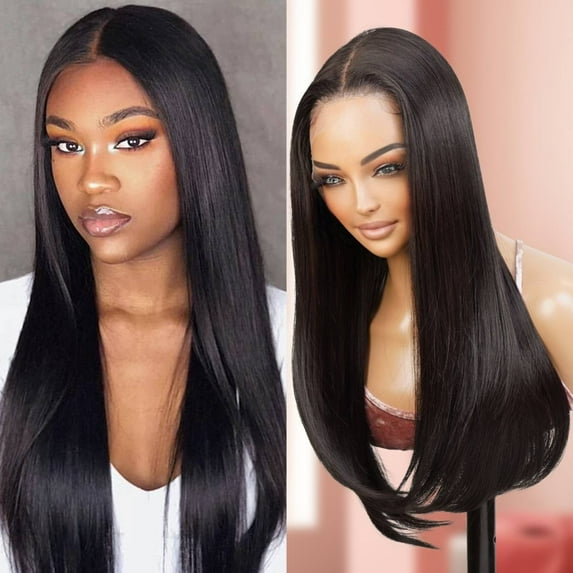 GLAM21USA HD LACE Front Wig Straight 13X6 Deep Transparent Lace Frontal Wigs 23 Inch Human Hair & Synthetic Master Blend Swiss Lace Curly Long Wig - Athena (2-DARKBROWN)