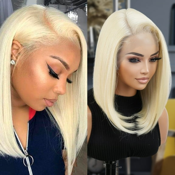 GLAM21USA HD Lace Front Bob Wig 13X6 Transparent Lace Frontal16 Inch Bob Wigs Straight Human Hair Blend Swiss Lace Middle Length Heat Friendly Synthetic Wig - Brianna (613-LIGHTBLONDE)
