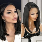 GLAM21USA HD Lace Front Bob Wig 13X6 Transparent Lace Frontal16 Inch Bob Wigs Straight Human Hair Blend Swiss Lace Middle Length Heat Friendly Synthetic Wig - Brianna (1B-OFFBLACK)