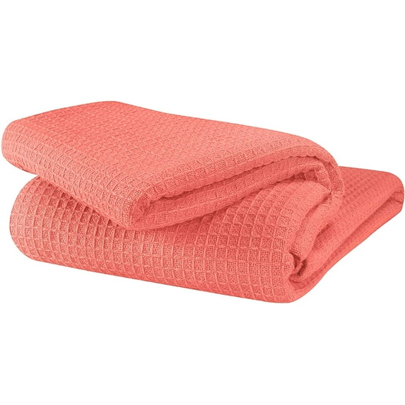 GLAMBURG 100% Cotton Thermal Blanket, Breathable Bed Blanket King Size, Soft Waffle Blanket, King Blanket, All Season Cotton Blanket, Coral