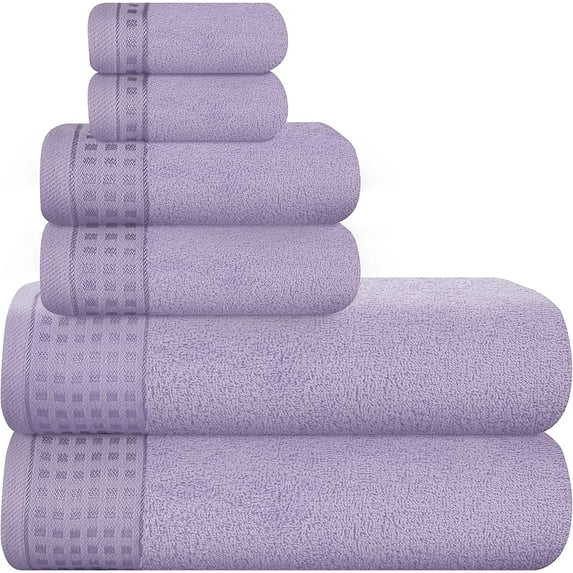 "GLAMBURG 100% Cotton Ultra Soft 6 Pack Towel Set, Contains 2 Bath Towels 28x55 Inches, 2 Hand Towels 16x24 Inches & 2 Wash Coths 12x12 Inches, Compact Absorbent Lightweight & Quickdry - Purple"