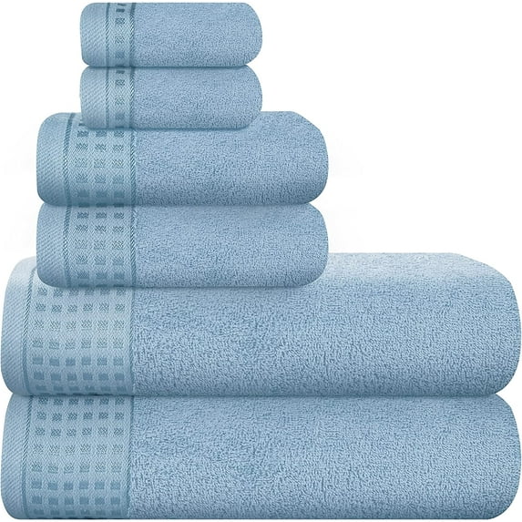 "GLAMBURG 100% Cotton Ultra Soft 6 Pack Towel Set, Contains 2 Bath Towels 28x55 Inches, 2 Hand Towels 16x24 Inches & 2 Wash Coths 12x12 Inches, Compact Absorbent Lightweight & Quickdry - Sky Blue"