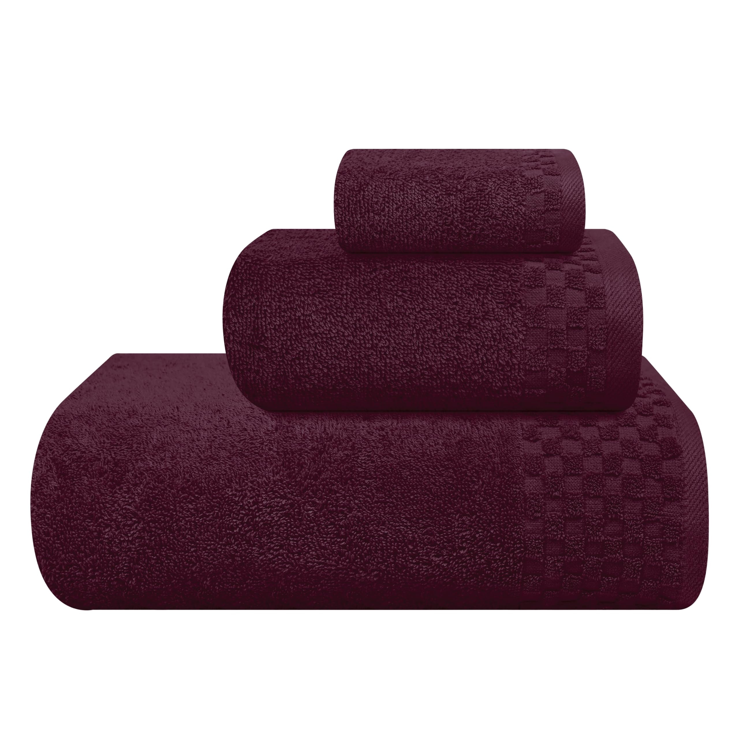 GLAMBURG Ultra Soft 3 Pack Cotton Towel Set, Contains a Bath Towel 28x55 inch, a Hand Towel 16x24 inch & a Wash Coth 12x12 inch, Ideal Everyday use, Compact & Lightweight - Burgundy