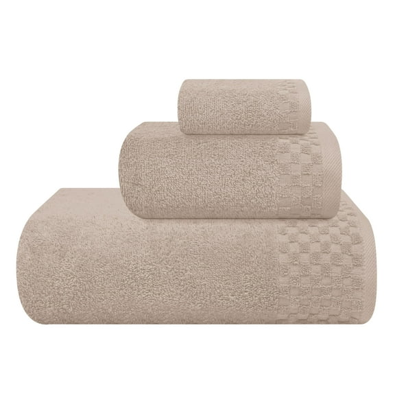 GLAMBURG Ultra Soft 3 Pack Cotton Towel Set, Contains a Bath Towel 28x55 inch, a Hand Towel 16x24 inch & a Wash Coth 12x12 inch, Ideal Everyday use, Compact & Lightweight - Tan