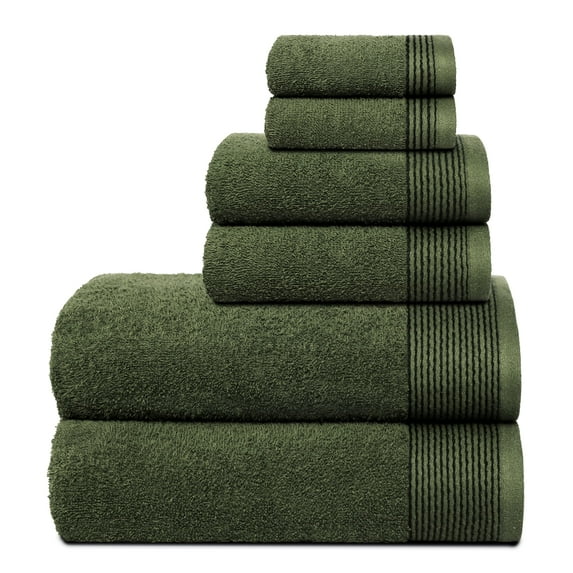 GLAMBURG Ultra Soft 6 Pack Cotton Towel Set, Contain 2 Bath Towels 28x55 inch, 2 Hand Towels 16x24 inch & 2 Wash Coths 12x12 inch, Compact Lightweight Quickdry Towel Set for Everyday use- Olive Green