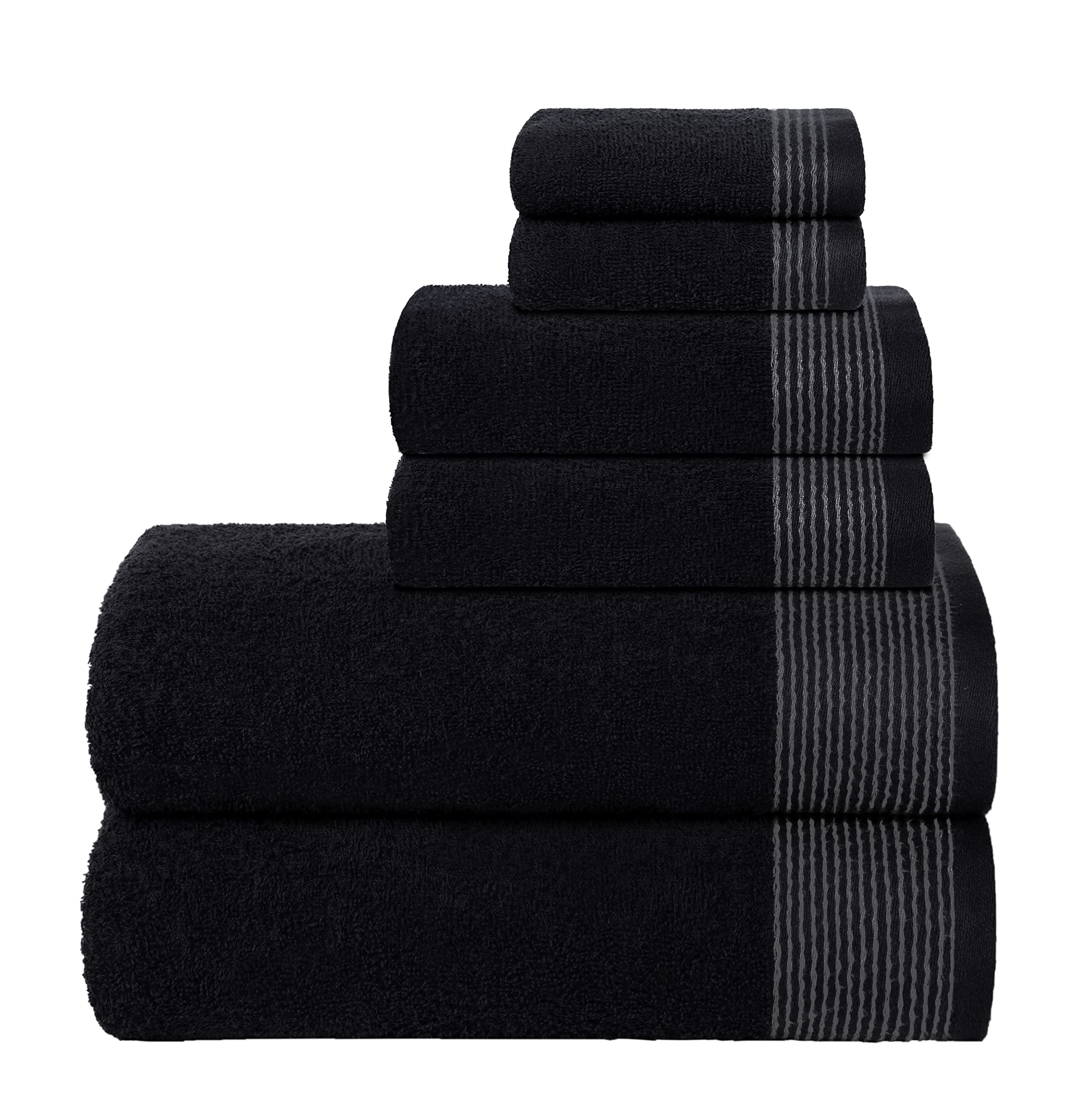 GLAMBURG Ultra Soft 6 Pack Cotton Towel Set, Contain 2 Bath Towels 28x55 inches, 2 Hand Towels 16x24 inches & 2 Wash Coths 12x12 inches, Compact Lightweight Quickdry Towel Set for Everyday use- Black