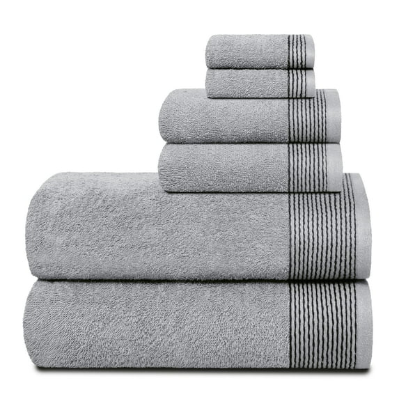 GLAMBURG Ultra Soft 6 Pack Cotton Towel Set, Contains 2 Bath Towels 28x55 inch, 2 Hand Towels 16x24 inch & 2 Wash Coths 12x12 inch, Compact Lightweight Quickdry Towel Set for Everyday use- Light Grey