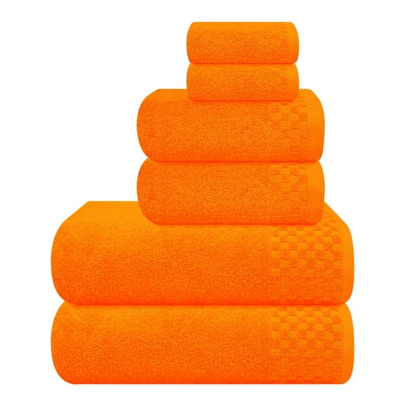 GLAMBURG Ultra Soft 6 Pack Cotton Towel Set, Contains 2 Bath Towels 28x55 inch, 2 Hand Towels 16x24 inch & 2 Wash Coths 12x12 inch, Ideal for Everyday use, Compact & Lightweight - Orange