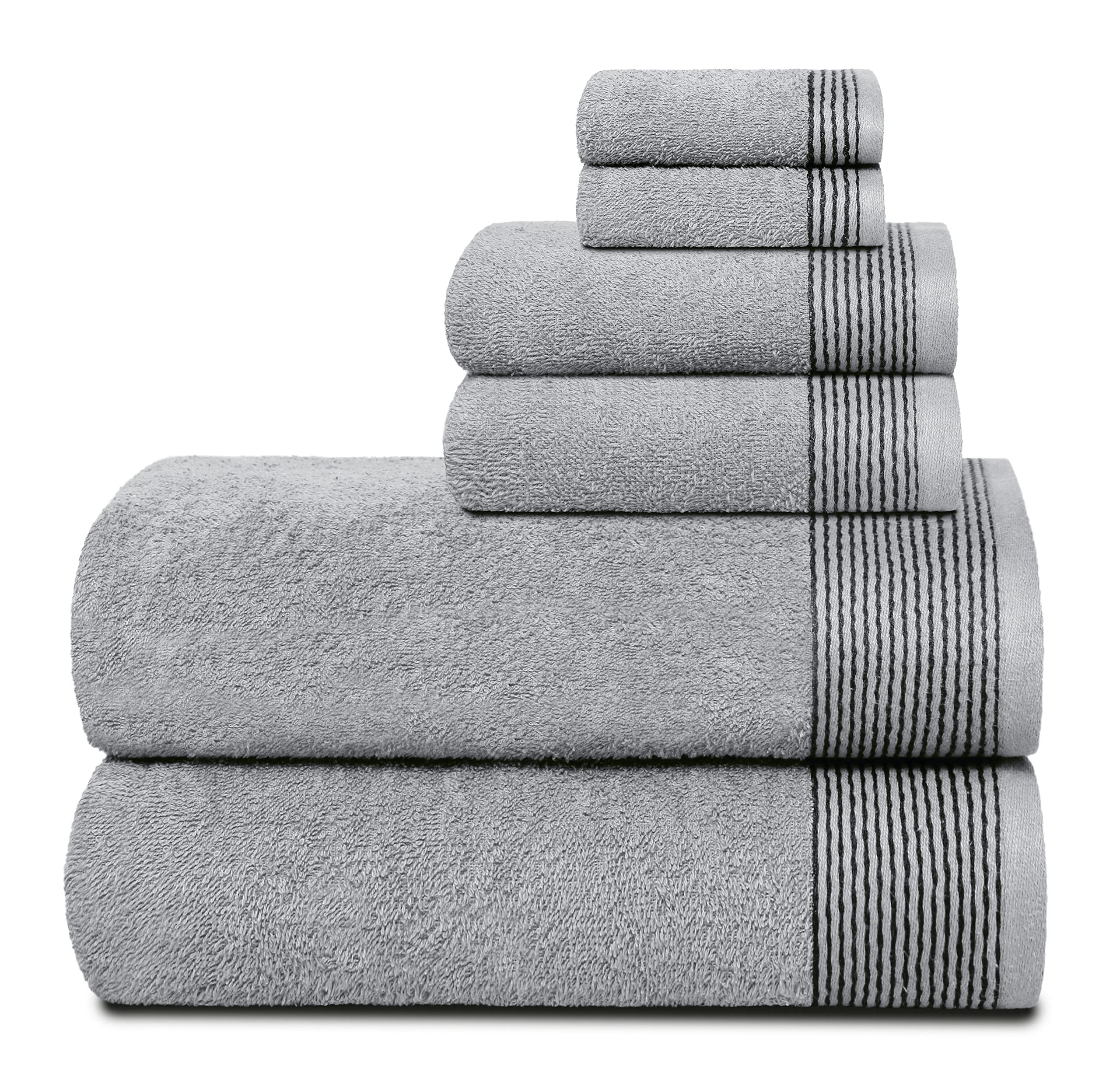 GLAMBURG Ultra Soft 6 Pack Cotton Towel Set, Contains 2 Bath Towels 28x55 inch, 2 Hand Towels 16x24 inch & 2 Wash Coths 12x12 inch, Compact Lightweight Quickdry Towel Set for Everyday use- Light Grey