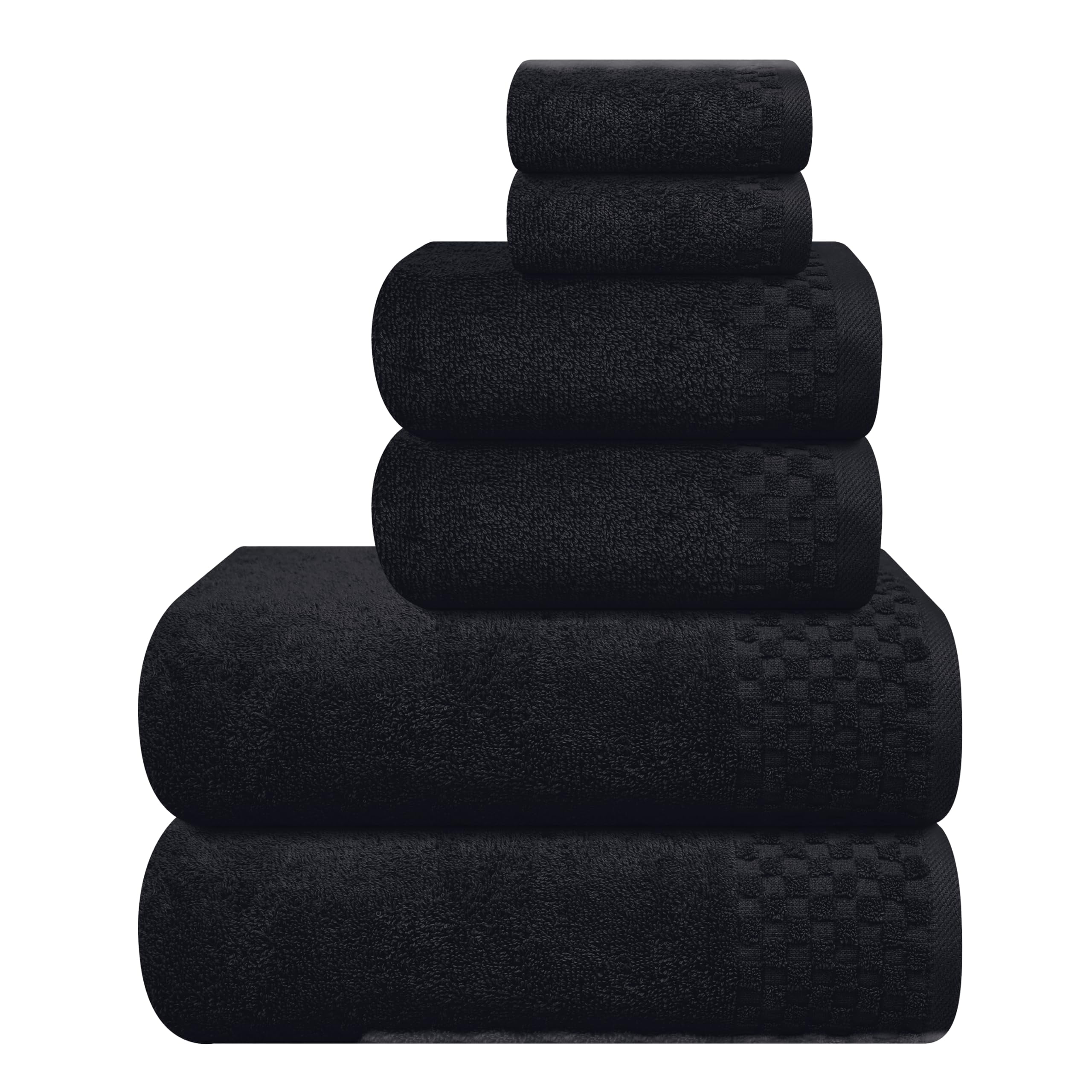 GLAMBURG Ultra Soft 6 Pack Cotton Towel Set, Contains 2 Bath Towels 28x55 inch, 2 Hand Towels 16x24 inch & 2 Wash Coths 12x12 inch, Ideal for Everyday use, Compact & Lightweight - Black