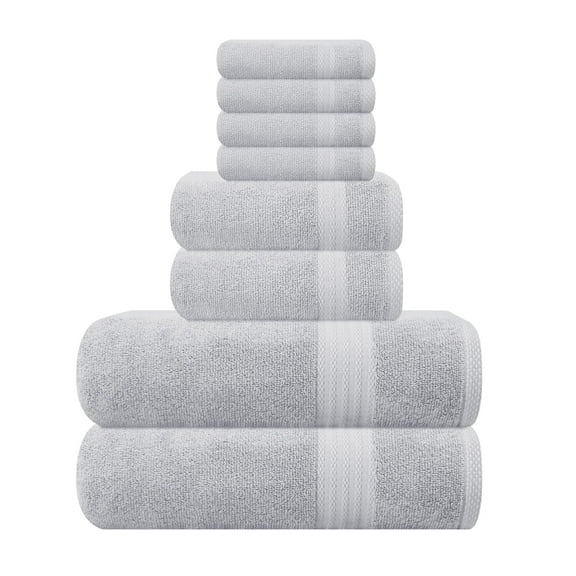 GLAMBURG Ultra Soft 8 Piece Towel Set - 100% Pure Ring Spun Cotton, Contains 2 Oversized Bath Towels 27x54, 2 Hand Towels 16x28, 4 Wash Cloths 13x13 - Ideal for Everyday use, Hotel & Spa - Light Grey