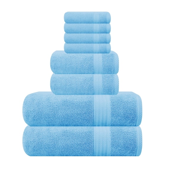 GLAMBURG Ultra Soft 8-Piece Towel Set - 100% Pure Ringspun Cotton, Contains 2 Oversized Bath Towels 27x54, 2 Hand Towels 16x28, 4 Wash Cloths 13x13 - Ideal for Everyday use, Hotel & Spa - Sky Blue