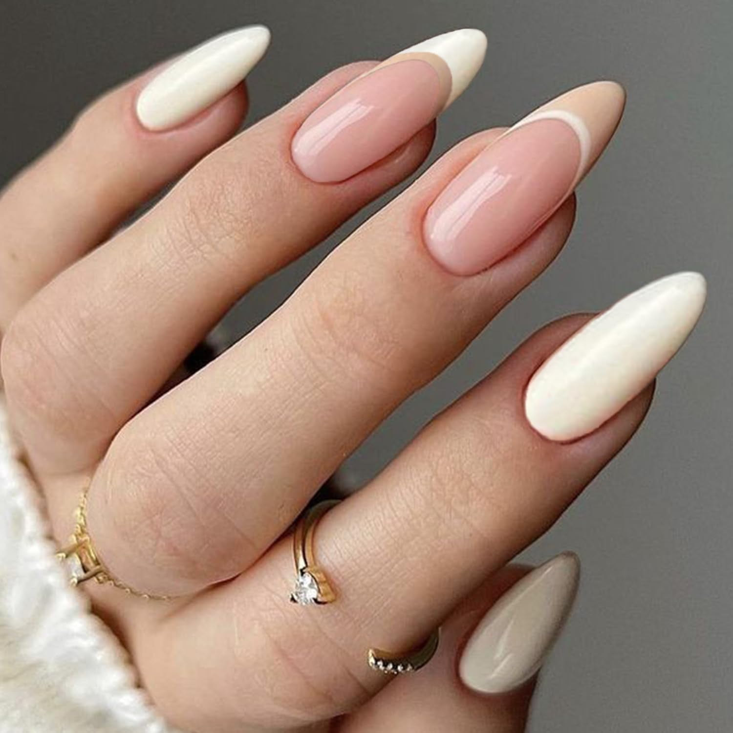 GLAMERMAID Creamy White French Tip Press on Nails Almond, Nude Beige Fake Nail Gel, Medium Almond Glue on Nails, Oval Stick on Nails Gel, Reusable Stiletto Acrylic False Nail with Design E22