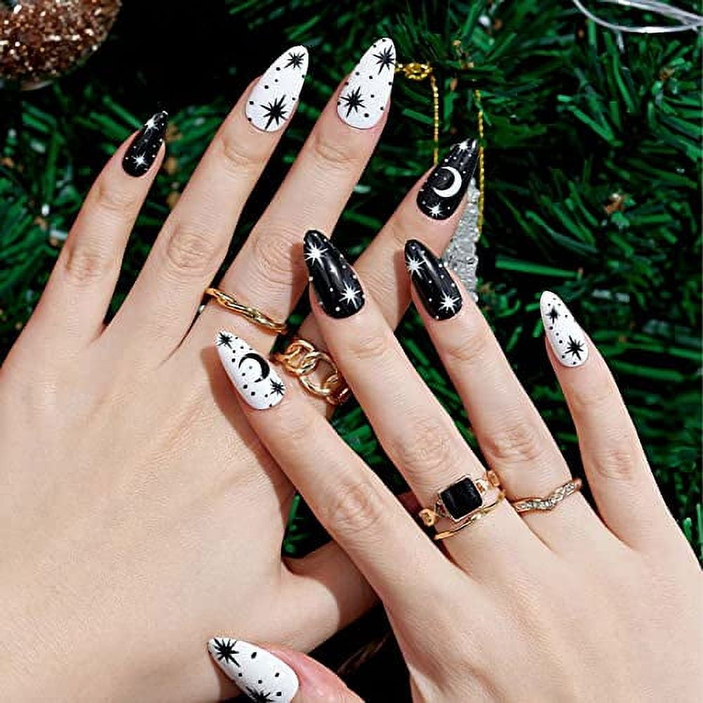 GetUSCart- Halloween Short Almond Press on Nails, Gothic Nude Fake Nails  with Design Snake Moon Stars Medium Oval Glue on Nails for Women UV Gel  Reusable Acrylic False Nail Kits Stick on