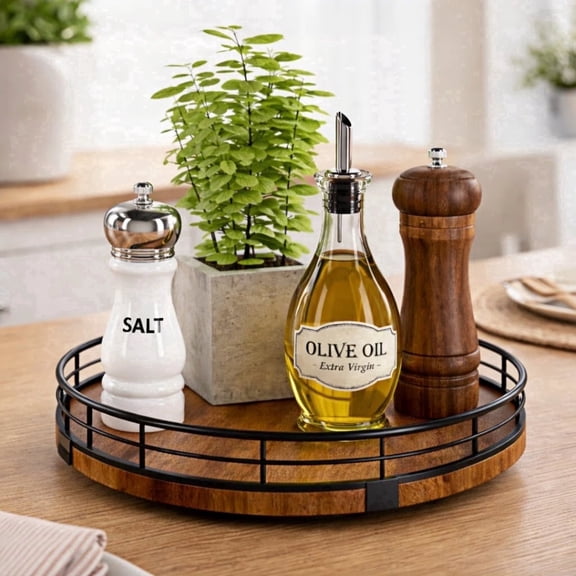 GLAMLUXE 10" Oak Wood Lazy Susan, Round Turntable Cabinet Organizer for Kitchen Cabinet, Pantry and Dining Table Storage, Farmhouse Walnut Finish
