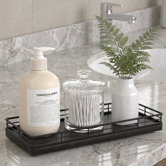 GLAMLUXE 11" Bathroom Vanity Tray, Oak Wood Organizer with Metal Frame, Decorative Countertop Storage for Bathroom, Dresser, Nightstand, Black