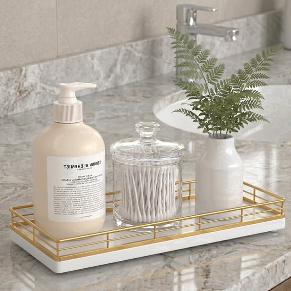 GLAMLUXE 11" Bathroom Vanity Tray, Oak Wood Organizer with Metal Frame, Decorative Countertop Storage for Bathroom, Dresser, Nightstand, Gold & White
