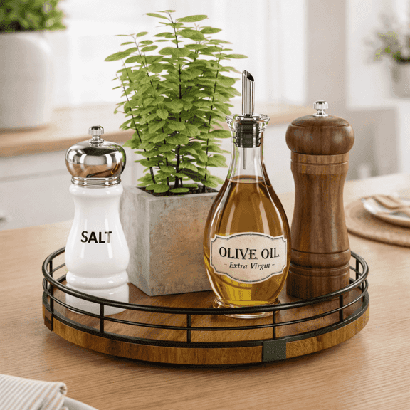 GLAMLUXE 9" Oak Wood Lazy Susan, Round Turntable Cabinet Organizer for Kitchen Cabinet, Pantry and Dining Table Storage, Farmhouse Walnut Finish