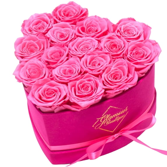 GLAMOUR BOUTIQUE 16-Piece Forever Flowers Heart Shape Box - Preserved Roses, Immortal Roses That Last A Year - Eternal Rose Preserved Flowers for Delivery Mothers Day & Valentines Day - Velvet Pink