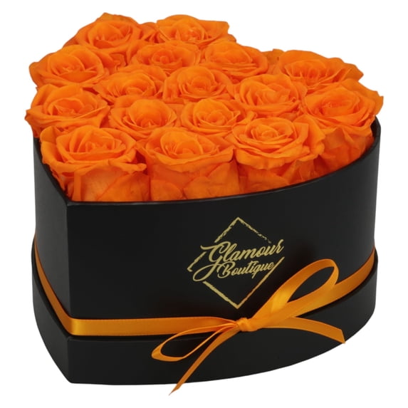 GLAMOUR BOUTIQUE 16-Piece Forever Flowers Heart Shape Box - Preserved Roses, Immortal Roses That Last A Year - Eternal Rose Preserved Flowers for Delivery Prime Mothers Day & Valentines Day - Orange