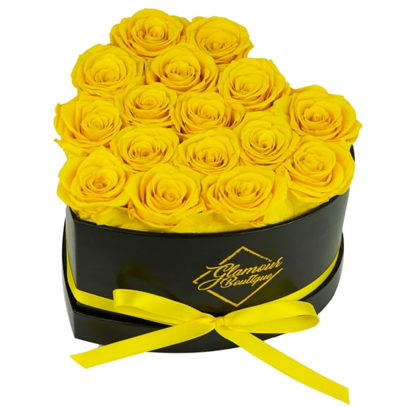 GLAMOUR BOUTIQUE 16-Piece Forever Flowers Heart Shape Box - Preserved Roses, Immortal Roses That Last A Year - Eternal Rose Preserved Flowers for Delivery Prime Mothers Day & Valentines Day - Yellow