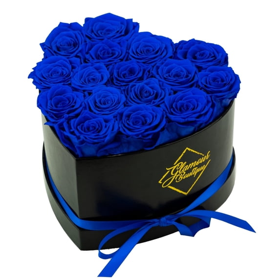 GLAMOUR BOUTIQUE 16-Piece Forever Flowers Heart Shape Box - Preserved Roses, Immortal Roses That Last A Year - Eternal Rose Preserved Flowers for Delivery Prime Mothers Day & Valentines Day - Blue