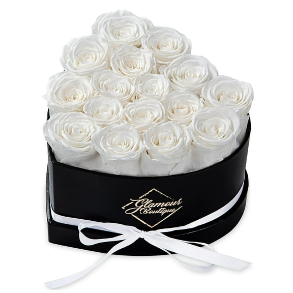 GLAMOUR BOUTIQUE 16-Piece Forever Flowers Heart Shape Box - Preserved Roses, Immortal Roses That Last A Year - Eternal Rose Preserved Flowers for Delivery Prime Mothers Day & Valentines Day - White