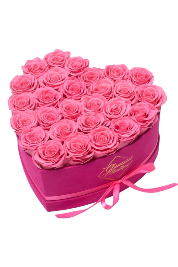 GLAMOUR BOUTIQUE 27-Piece Forever Flowers Heart Shape Box - Preserved Roses, Immortal Roses That Last A Year - Eternal Rose Preserved Flowers for Delivery Mothers Day & Valentines Day - Velvet Pink