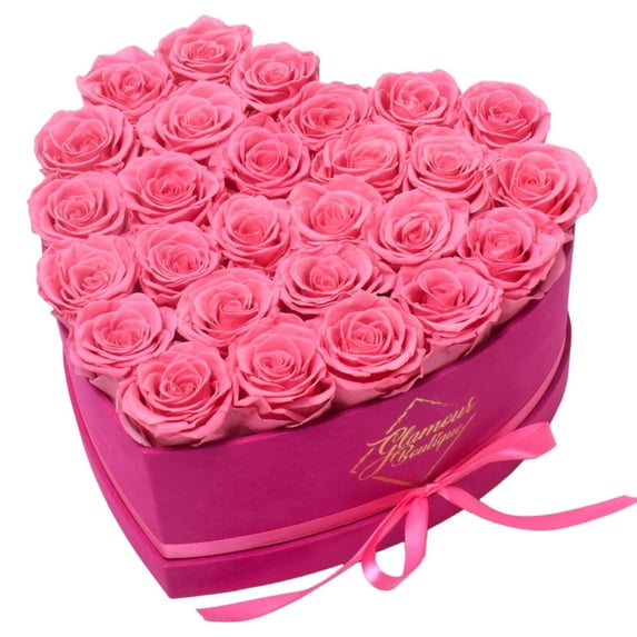 GLAMOUR BOUTIQUE 27-Piece Forever Flowers Heart Shape Box - Preserved Roses, Immortal Roses That Last A Year - Eternal Rose Preserved Flowers for Delivery Mothers Day & Valentines Day - Velvet Pink